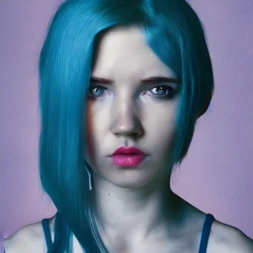 Prompt: portrait of young girl half dragon half human, dragon girl, dragon skin, dragon eyes, dragon crown, blue hair, long hair, By David Lynch