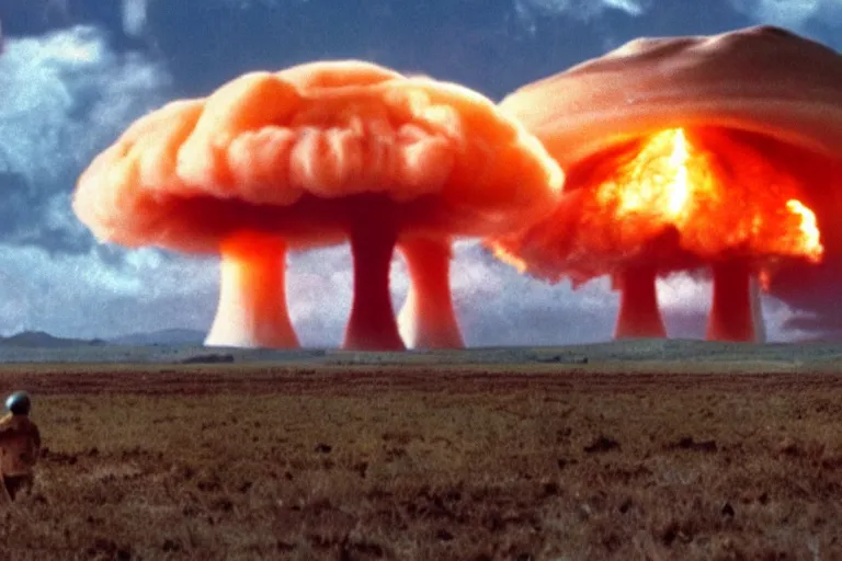 Image similar to nuclear explosion, mushroom cloud in the distance, shockwave rips across the land, cinematic