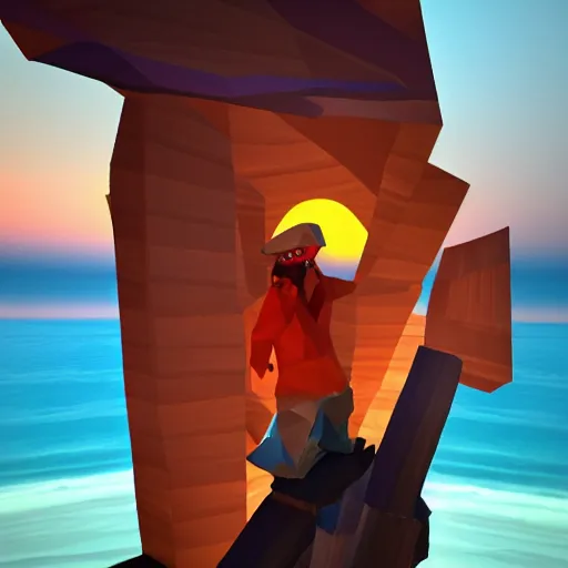 Prompt: a low-poly pirate looking out into an ocean sunset