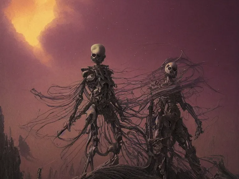 Image similar to a detailed profile illustration of skelleton, cinematic sci-fi poster, bounty hunter portrait symmetrical and science fiction theme with lightning, aurora lighting clouds and stars by beksinski carl spitzweg and tuomas korpi. baroque elements. baroque element. intricate artwork by moebius. Trending on artstation. 8k