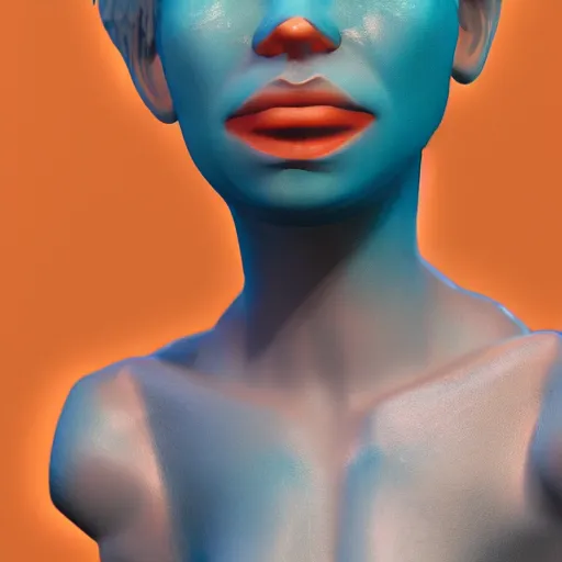 Image similar to character art of a human with bird head, trending on art station, orange and teal color, cgsociety, octane render