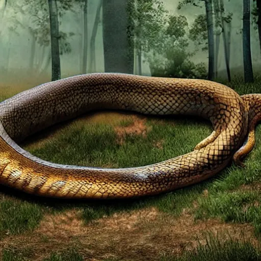 Prompt: A realistic photo of a giant snake coming out of the ground and destroying trees