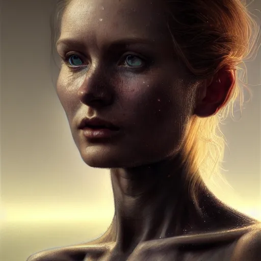 Image similar to a hyper - realistic detailed character concept art portrait of a beautiful woman on a depth of field background, artstation, award - winning realistic sci - fi concept art by jim burns and greg rutkowski, beksinski, a realism masterpiece, complimentary color palette, james gilleard, bruegel, alphonse mucha, and yoshitaka amano.