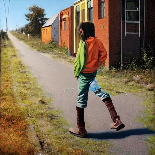 Prompt: bob marley walking along the gistelsesteenweg, painted by scott listfield, sunny, happy