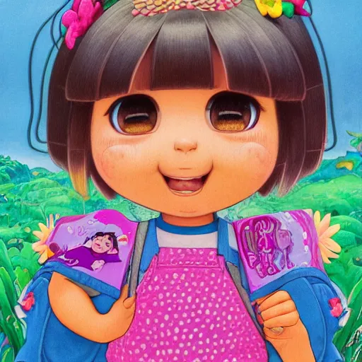 Prompt: portrait of dora the explorer as real girl in happy pose, detailed, intricate complex background, japanese Pop Surrealism, lowbrow art style, muted pastel colors, soft lighting, 50's looks by Mark Ryden,Yosuke Ueno,mucha,Hikari Shimoda, artstation cgsociety