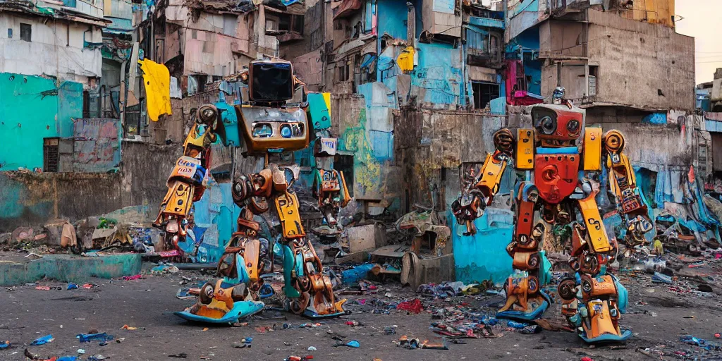 Prompt: colourful - damaged - giant mecha ROBOT of AJEGUNLE SLUMS of Lagos, markings on robot, Golden Hour,