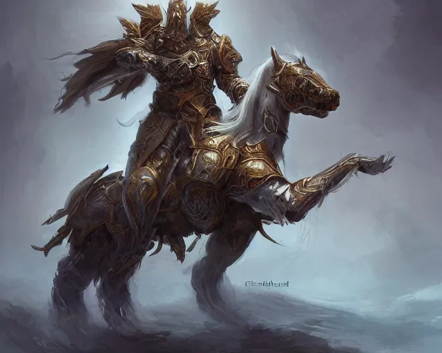 Image similar to A ghost warrior riding a giant ghost horse with armour, fantasy art, in the style of Frank Neidhardt, illustration, epic art, fantasy, intricate, elgant, amazing detail, digital painting, artstation, concept art, smooth, sharp focus