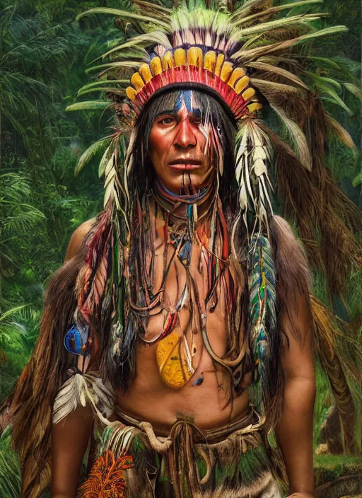 Image similar to a beautiful painted portrait of an indigenous shaman chanting in the jungle, matte painting, fantasy art, ayahuasca