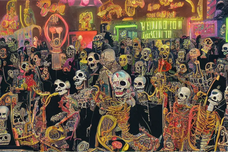 Image similar to scene from amusement arcade, day of the dead, cyber skeletons, queen in black silk in the center, neon painting by otto dix