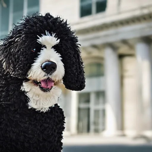 Image similar to a closeup photorealistic photograph of a cute smiling knitted bernedoodle judge dog dressed in a black gown, presiding over the courthouse. indoors, professional capture, well lit shot. this 4 k hd image is trending on artstation, featured on behance, well - rendered, extra crisp, features intricate detail, epic composition and the style of unreal engine.