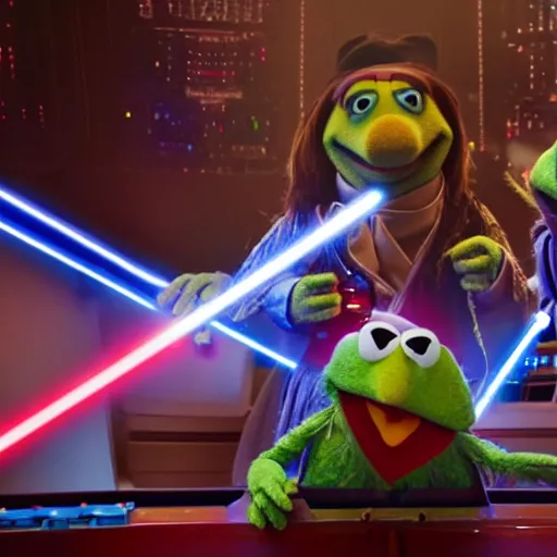 Image similar to muppets in a star wars movie scene, laser , explosions, movie stage setup, 8k