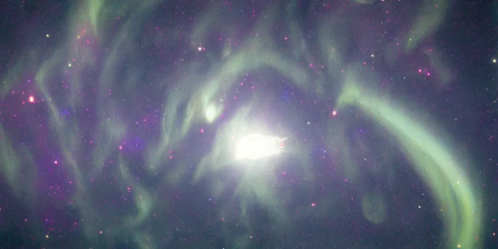 Image similar to filmic movie still 35mm film color nternational space station photograph of the auroa borealis as seen from space over antarctica