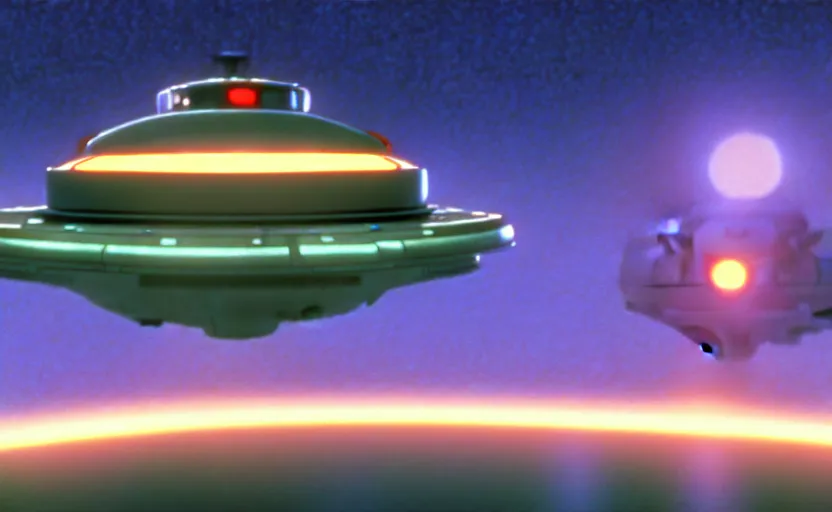 Image similar to a cell - shaded cartoon movie still from independence day ( 1 9 9 6 ) of a chrome ufo. very dull muted colors, hd, 4 k, hq