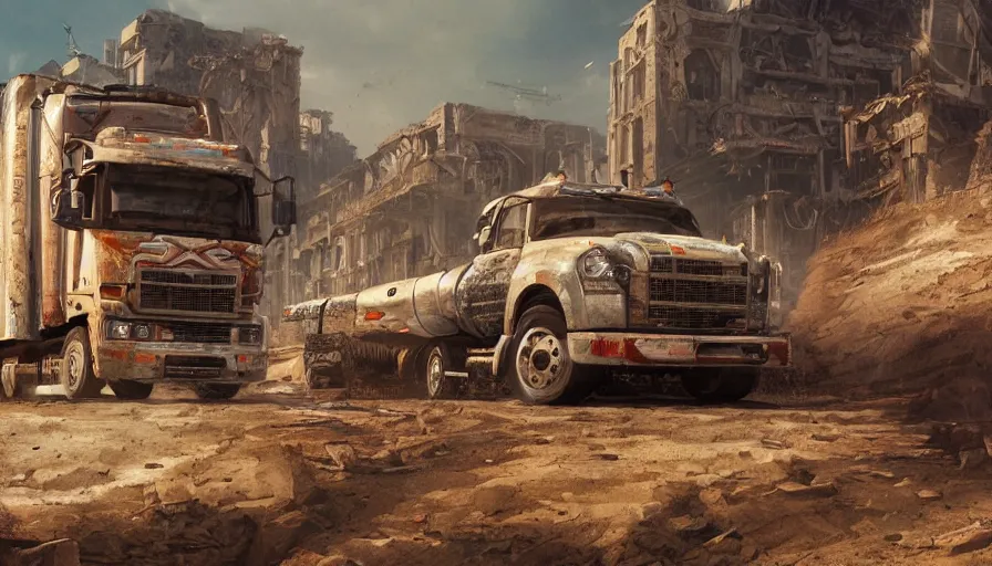 Image similar to Truck race in a ruined city, hyperdetailed, artstation, cgsociety, 8k