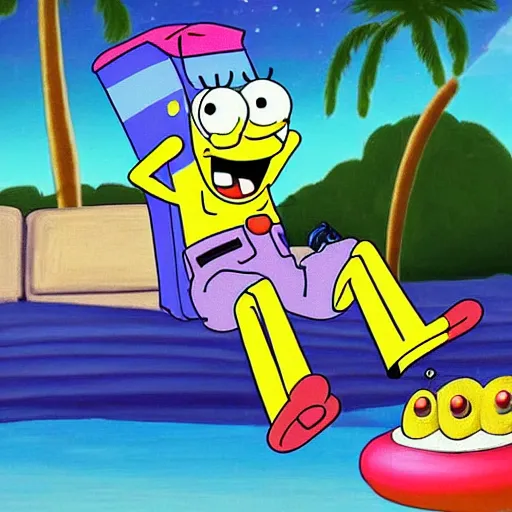 Prompt: spongebob lounging in a tropical resort in space, nasa footage