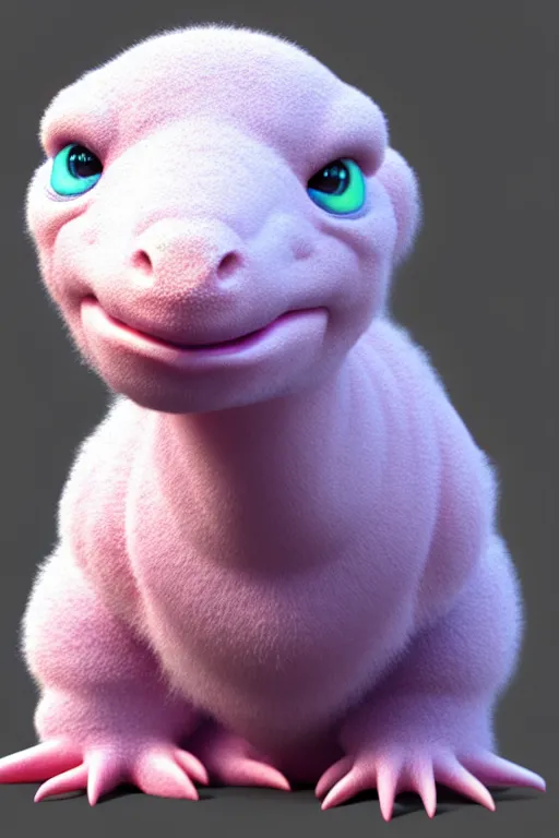 Image similar to high quality 3 d render hyperrealist very cute multipastel fluffy baby dinosaur, vray, smooth in the background, artstation