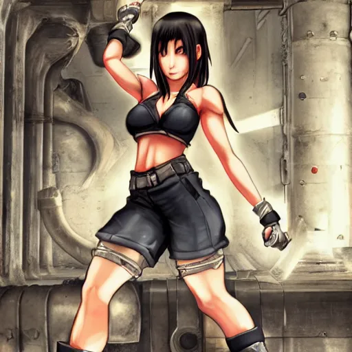 Image similar to high quality, full body shot of tifa lockhart in front of detailed background, trending on artstartion