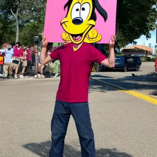 Image similar to goofy holding up a sign that says YES