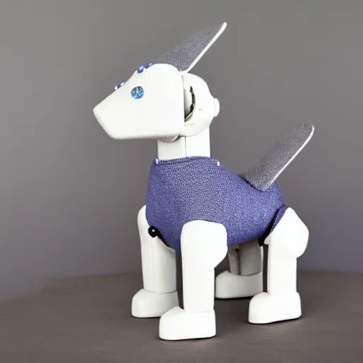 Image similar to young robot dog in a sunny oceanic landscape made of ivory and fabric, beautiful natural soft rim light intricate sapphire