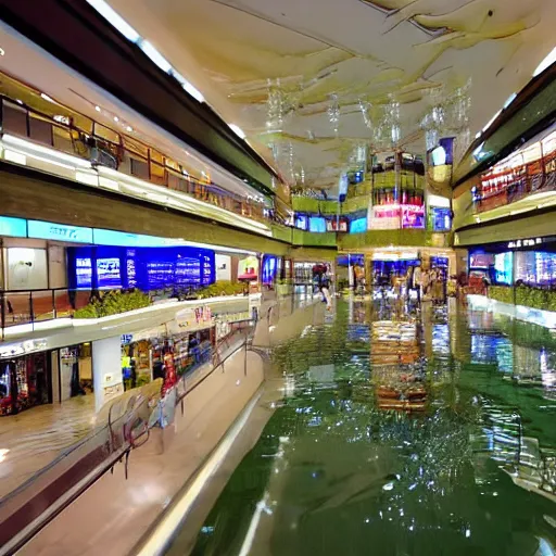 Image similar to photo of inside a shopping mall the inside is flooded with over 7 meters of water clear beautiful water, highly detailed.