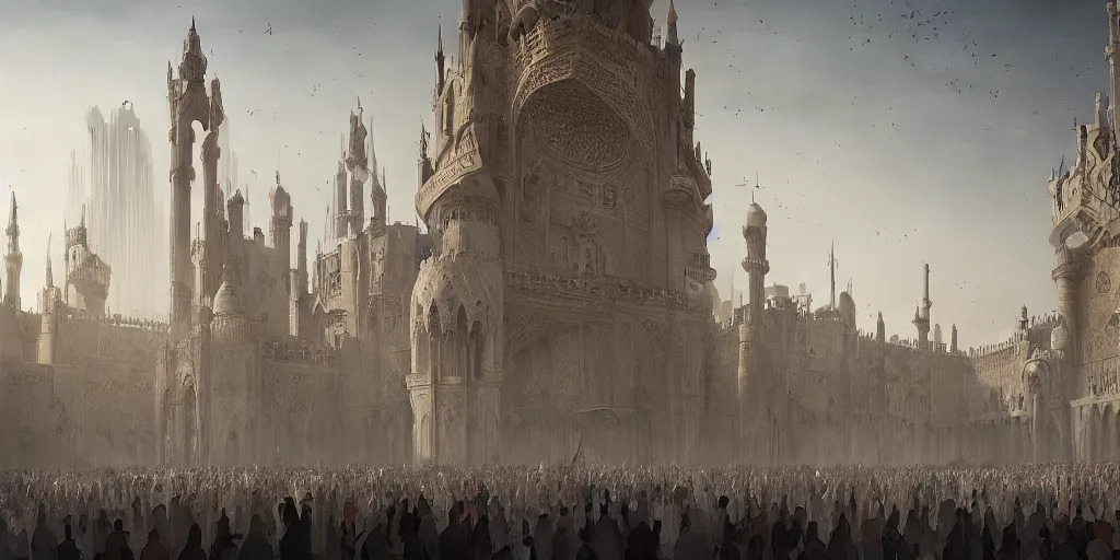 Prompt: a beautiful painting of islamic architecture, crowded people, game of thrones style, city landscape, zaha hadid, louis kahn, fantasy, futuristic, by yves tanguy, trending on artstation, unreal engine