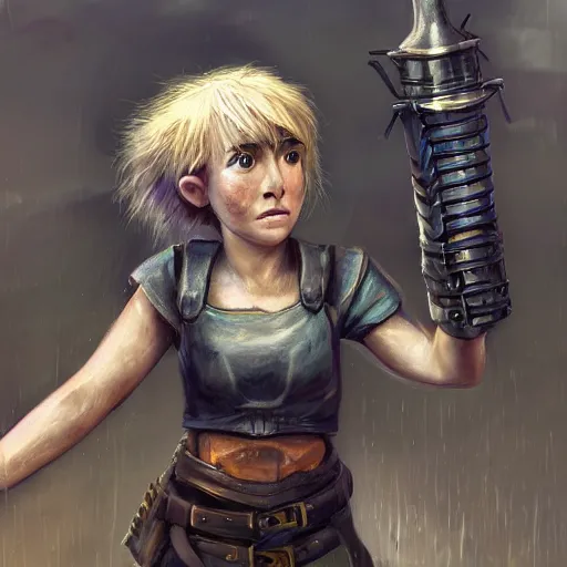Prompt: realistic full body portrait of a real-life scrappy female gnome engineer with pixie undercut hair, one of her arms is a prosthetic metal thunder gauntlet, standing on a ship deck, thunder fantasy magic, naval background, D&D, highly detailed, digital painting, HD, trending on ArtStation, dark fantasy, great composition, concept art, matte, sharp focus, illustration, by Greg Rutkowski