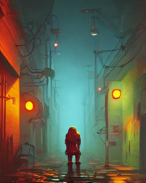 Image similar to a myterious hooded alien creature drug dealing in a dark alleyway, by simon stalenhag james gurney, cinematographic, hard artificial lighting, 3 5 mm lens, defined shapes, baroque sci - fi architecture, puddles, artstation, masterpiece