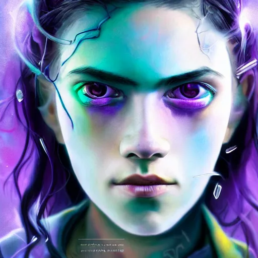 Prompt: detailed photo portrait of a furious teen girl with thin, hair-like purple tentacles on her head and bright purple eyes, 8k,by tristan eaton, Stanley Artgermm,Tom Bagshaw,Greg Rutkowski,Carne Griffiths,trending on DeviantArt, face enhance,hyper detailed ,full of colour, dramatic lightning