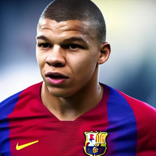 Image similar to Kylian Mbappé playing for FC Barcelona very detailed cinematic hyperrealistic 4k