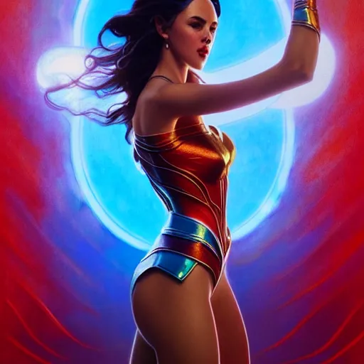 Image similar to catriona gray as darna, volumetric lights, red and cyan theme, art nouveau botanicals, intricate, highly detailed, digital painting, artstation, concept art, smooth, sharp focus, cinematic, illustration, beautiful face, art by artgerm and greg rutkowski and alphonse mucha