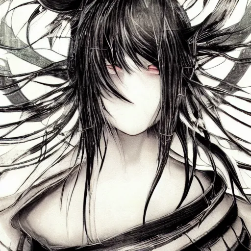 Image similar to Yoshitaka Amano blurred and dreamy illustration of an anime girl with black eyes, wavy white hair and cracks on her face wearing elden ring armour with the cape fluttering in the wind, abstract black and white patterns on the background, noisy film grain effect, highly detailed, Renaissance oil painting, weird portrait angle, three quarter view, head tilted to the side, 1990s jrpg cover