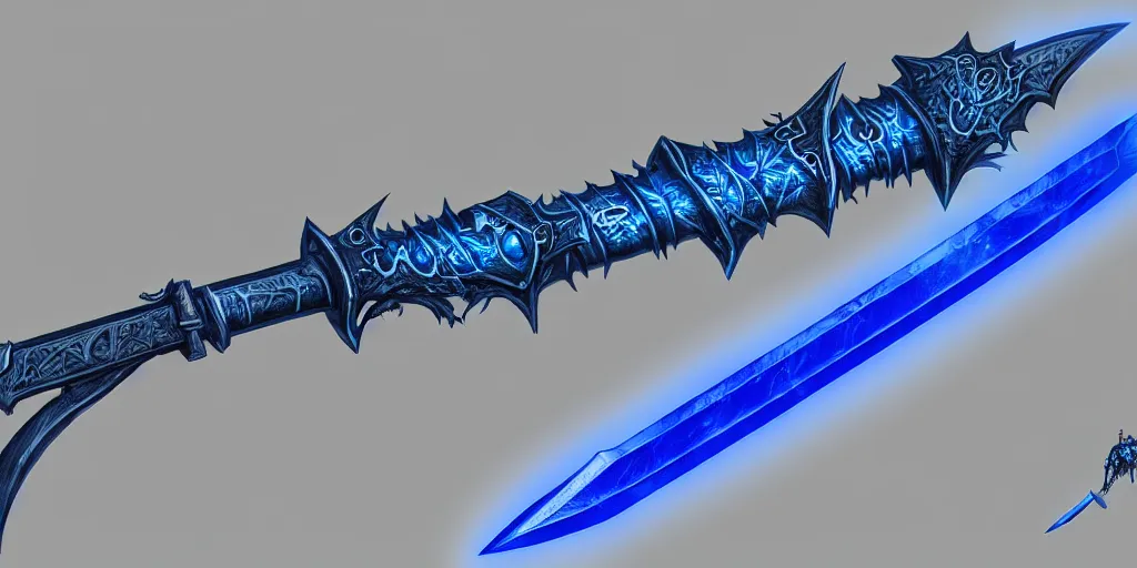 Prompt: Demonic sword in full length with blue glowing runes and eyes on the blade. In the dark, glowing ominously. Trending on ArtStation, concept art, highly detailed.