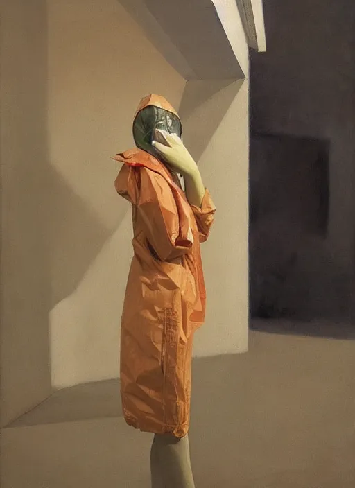 Image similar to beautiful woman in a translucent bomber jacket made from plastic bag with paper bags for clothes standing inside paper bags with paper bag over the head at store display Edward Hopper and James Gilleard, Zdzislaw Beksinski, highly detailed