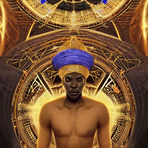 Image similar to symmetry!! an african moor wearing white robes and turban entering the voidspace. ornate, golden, steampunk stargate. front game card. marvel comics. dark. intricate. highly detailed. smooth. artstation. digital illustration by ruan jia, mandy jurgens, artgerm, wayne barlowe, greg rutkowski, and zdislaw beksinsk.