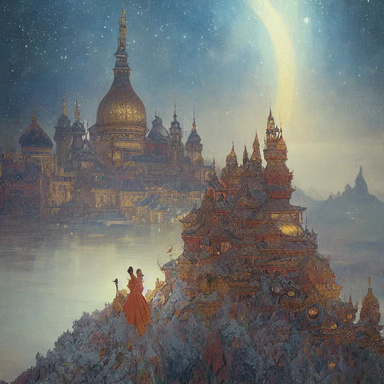 Image similar to a beautiful painting of the view from the river of the stately pleasure domes of kublai khan in xanadu, at night with a sky full of stars, intricate, elegant, highly detailed, digital painting, artstation, concept art, by krenz cushart and artem demura and alphonse mucha