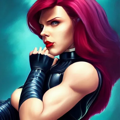 Image similar to natasha romanoff as thanos, feminine beautiful muscular fitness model wearing armor, red lips, attractive, highly detailed full body portrait, pretty face, elegant, breathtaking art, concept art, by artgerm and ilya kuvshinov