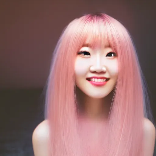 Image similar to beautiful hyperrealism selfie of nikki 苏 暖 暖 from shining nikki, a cute 3 d young woman smiling sofly, long light pink hair and full bangs, flushed face, blushing, small heart - shaped face, soft features, amber eyes, chinese heritage, golden hour, 8 k, sharp focus, instagram