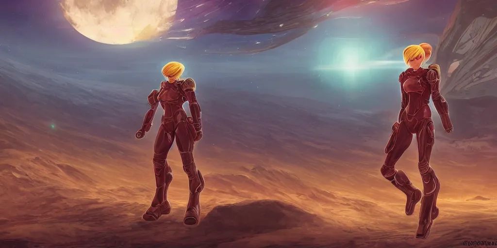 Image similar to Samus in the varia suit standing in the middle of a desolate planet, full body shot, the planet is full of otherworldly natural structures, two moons float above the horizon, futuristic, artstation, digital 2d drawing, high detail