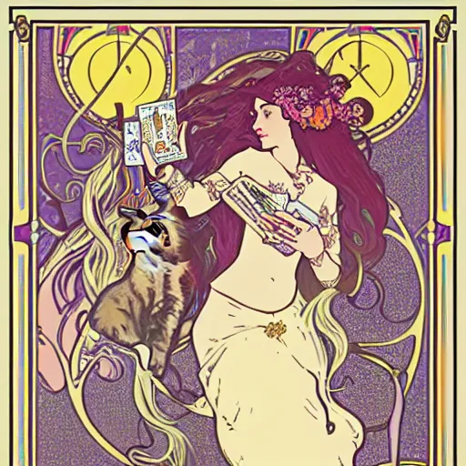 Image similar to lady with long curly hair reading tarot cards surrounded by cats in a gypsy tent, Alphonse Mucha, nouveau poster style with thin lines and pastel colors