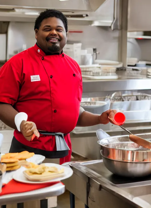 Prompt: portrait photo still of real life school chef jerome mcelroy fat with red shirt and apron and chef hat in school cafeteria holding a ladel, 8 k, 8 5 mm, f. 1 4