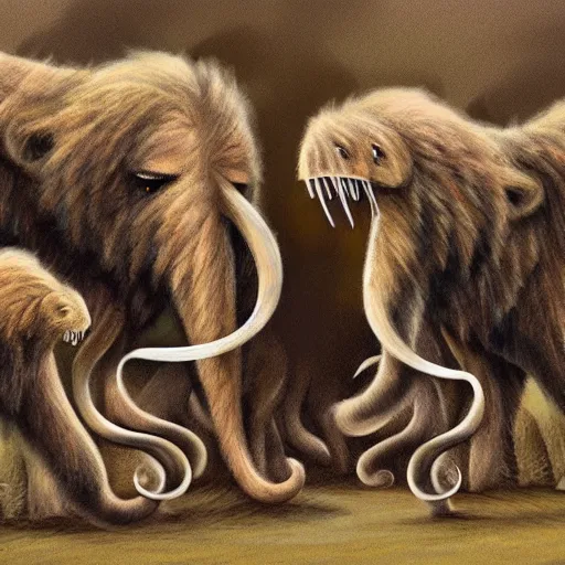 Image similar to a wooly mammoth fighting a herd of saber tooth lions, illustration, digital art