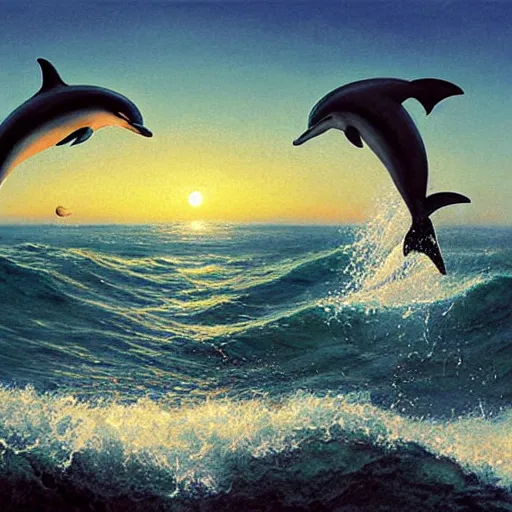 Prompt: dolphins jump over the waves, sunset, ocean, painting by greg rutkowski