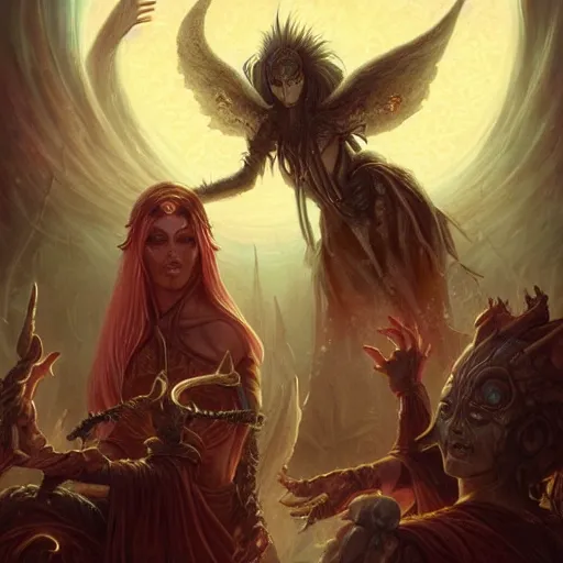 Prompt: female acolytes around demonic summoning circle summoning a demon knight. incredible detail. by tom bagshaw and by magali villeneuve and by wlop