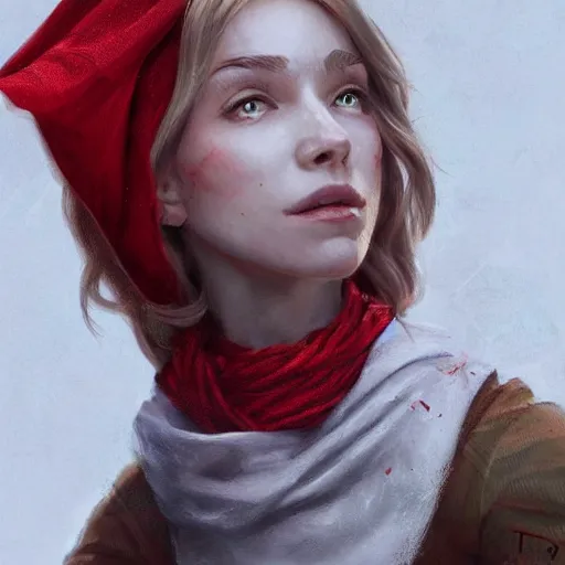 Image similar to elf female portrait, red scarf, hatched ear, golden earring, white background, by horace hsu, tony sart, miles johnston, highly detailed, digital illustration, concept art, trending on artstation