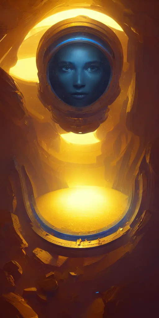 Image similar to highly detailed portrait of a semicircular bounded space surrounded by golden and blue magic powder, ultra wide angle, finer details : 3, by ian fisher and greg rutkowski, trending on artstation, concept art, smooth, sharp focus, illustration.