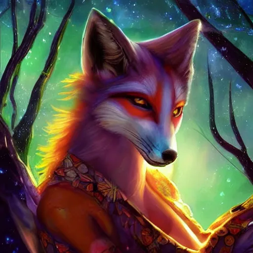 Prompt: a painted avatar portrait of an awesome cosmic powerful anthropomorphic kitsune fox mage themed around death and the stars and the cosmos, in the style of dnd beyond avatar portraits, beautiful, artistic, elegant, lens flare, magical, lens flare, nature, realism, stylized, art by jeff easley