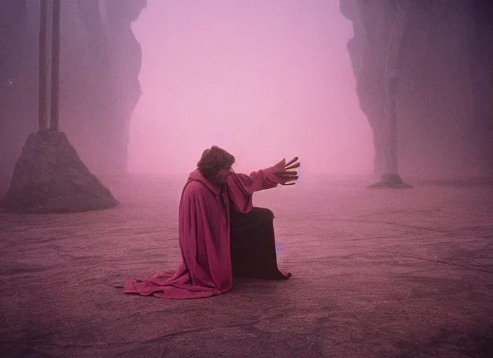 Prompt: Luke skywalker kneels before a star wars alien creature, the oracle, mystic. in a foggy pink land. 1983 Photographed with Leica Summilux-M 24 mm lens, ISO 100, f/8, Portra 400