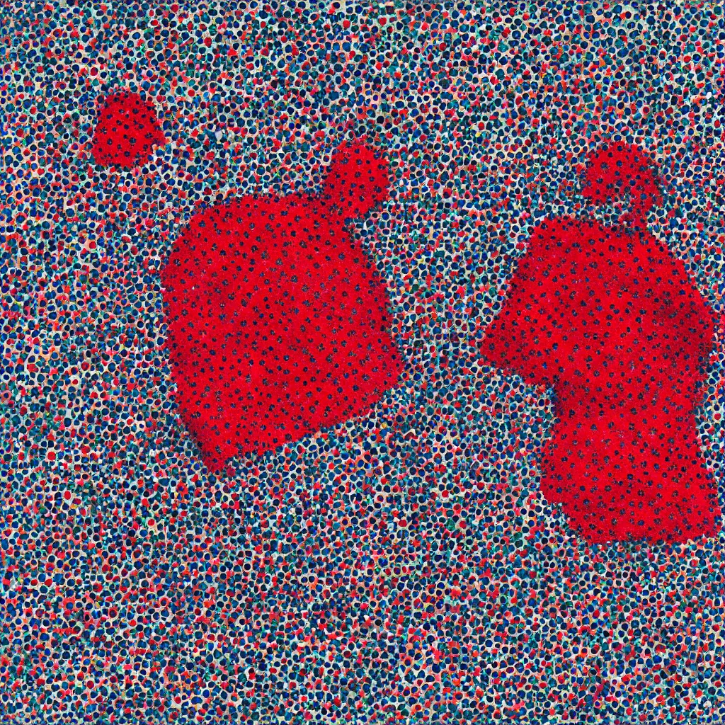 Image similar to camo made of strawberries, smiling, abstract, rei kawakubo artwork, cryptic, dots, stipple, lines, splotch, color tearing, pitch bending, color splotches, hearts, dark, ominous, eerie, minimal, points, technical, old painting