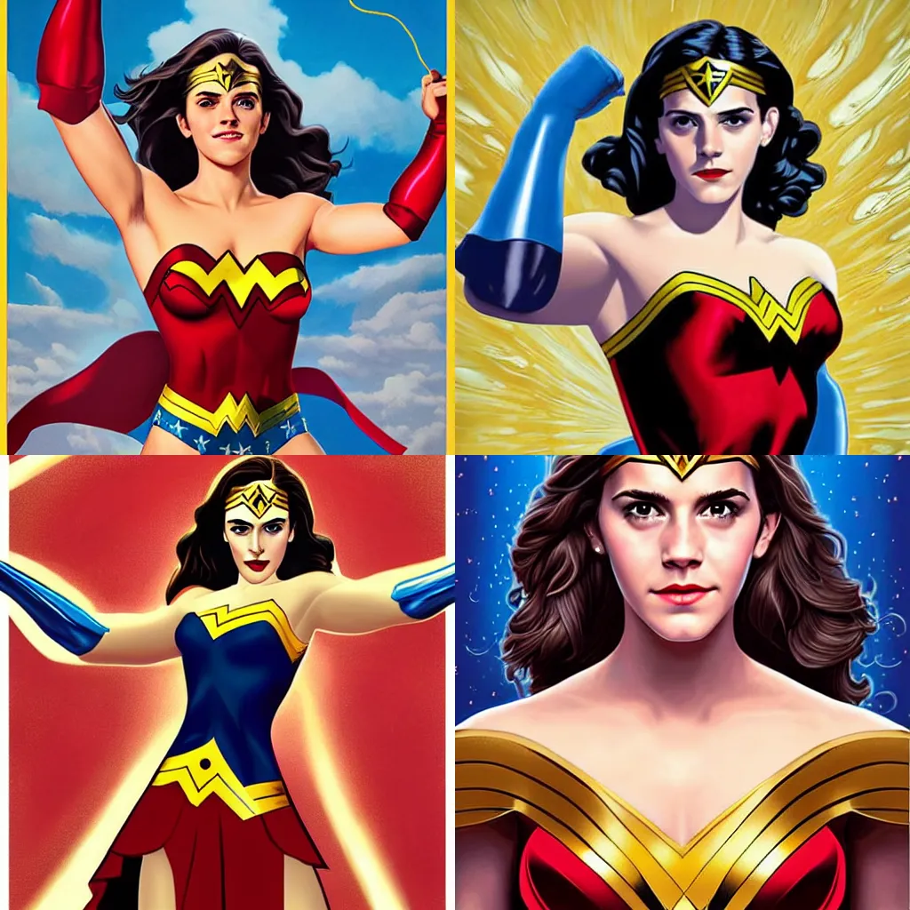 Prompt: emma watson as wonder woman wearing royal mantle illustration we can do it by alex gross by alex ross by Greg Land by J. Howard Miller digital painting comic book superheroes
