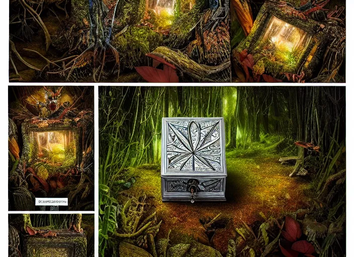 Prompt: photo of a crystal box with wonders inside in the forest. Fantasy horror style. Highly detailed 8k. Intricate. Nikon d850 55mm. Award winning photography.